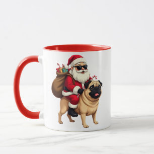 Caneca Papai Noel Engraçado Montando Pug no Natal