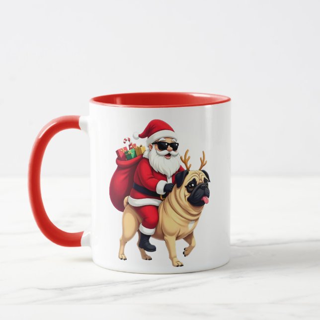 Caneca Papai Noel Engraçado Montando Pug no Natal (Esquerda)