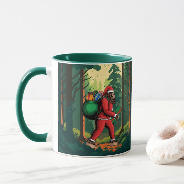 Caneca Papai Noel Pé Grande Floresta Entregando Presentes (Com Donut)