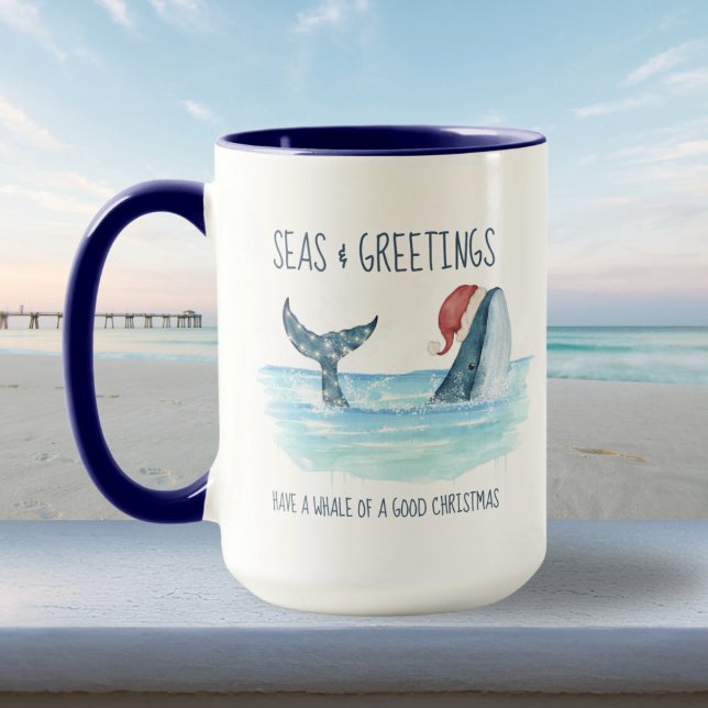 Caneca Papais noeis de baleia Mar Aquarela Natal Costeiro (Criador carregado)