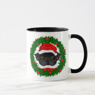 Caneca Papais noeis de Pug Preto de Natal Bonito em Terra
