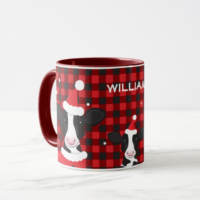 Caneca Papais noeis de Vaca Nome da Xadrez Vermelha Fazen (Frente Esquerda)