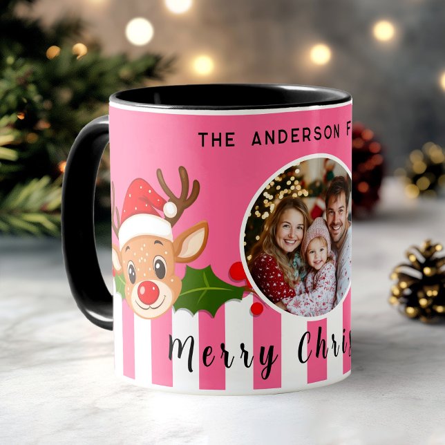 Caneca Papais noeis Grafos Reindeer & Holly Foto da Famíl (Christmas Cute Santa Reindeer & Holly Family Photo Mug)