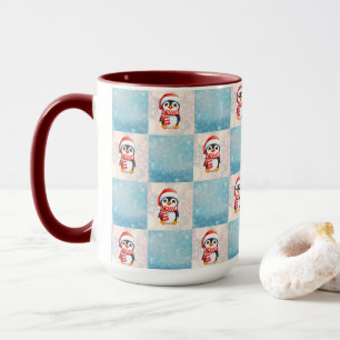 Caneca Papais noeis Pinguins Feliz Padrão de Xadrez de Na