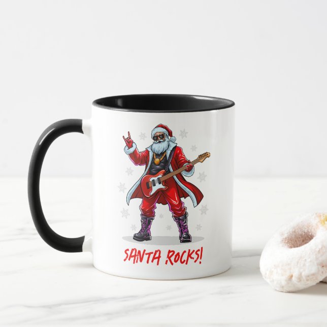 Caneca Papais noeis Rocks! Engraçado Papai Noel tocando v (Com Donut)
