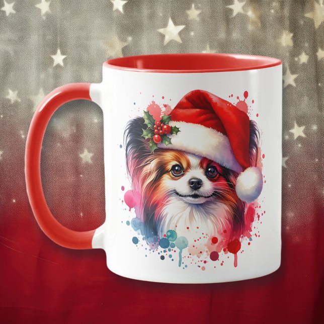 Caneca Papillon Dog Personalizado no Natal de Santa Hat (Criador carregado)