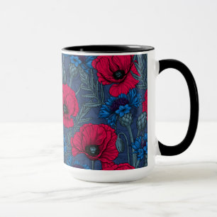 Caneca Papoilas vermelhas e flores azuis em azul