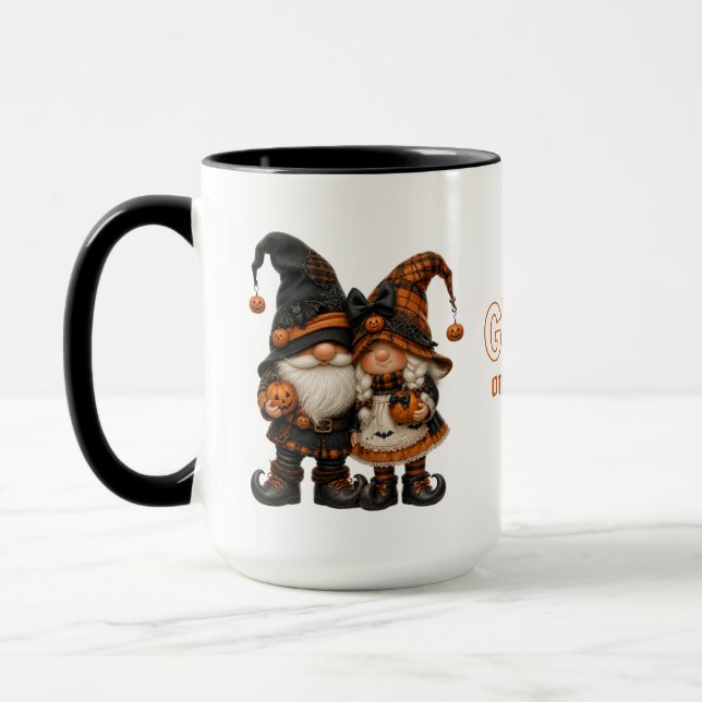 Caneca Par de Gnomos de Halloween Laranja Xadrez (Esquerda)