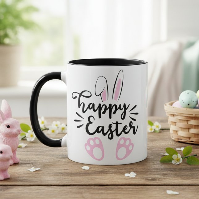 Caneca Páscoa preto-e-rosa felz pascoa (Happy Easter Bunny Black and Pink Easter Mug)