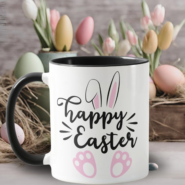 Caneca Páscoa preto-e-rosa felz pascoa (Happy Easter Bunny Black and Pink Easter Mug)