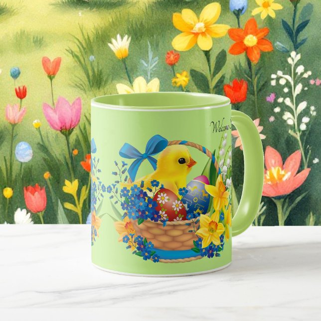 Caneca Páscoa Primavera Flores Ovos Oferta de Pintinho (Criador carregado)