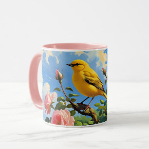 Caneca Pássaro amarelo colorido e rosas cor-de-rosa bonit