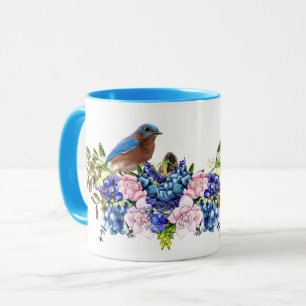 Caneca Pássaro Azul de Felicidade Floral Personalizado 