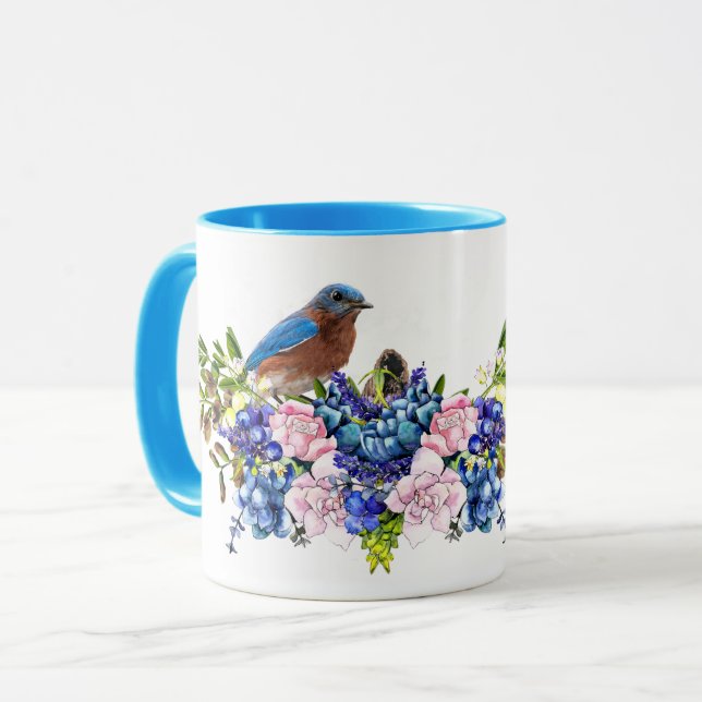 Caneca Pássaro Azul de Felicidade Floral Personalizado  (Frente Esquerda)
