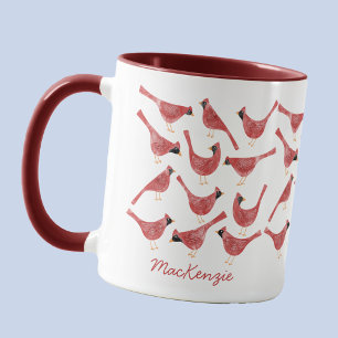 Caneca Pássaro Cardinal Festivo Aquarela Nome Personaliza