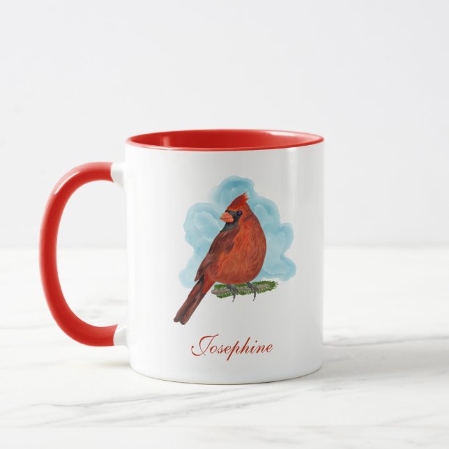 Caneca Pássaro Cardinal Vermelho em Aquarela Com Nome (Esquerda)