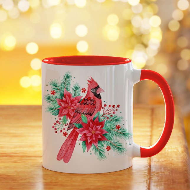 Caneca Pássaro e Florais de Natal Vermelho com Aquarela (Watercolor Red Christmas Cardinal Bird and Florals Mug)