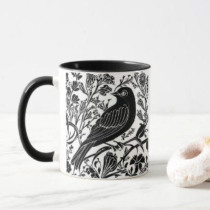 Caneca Pássaro em uma ramificação com flores em preto e b