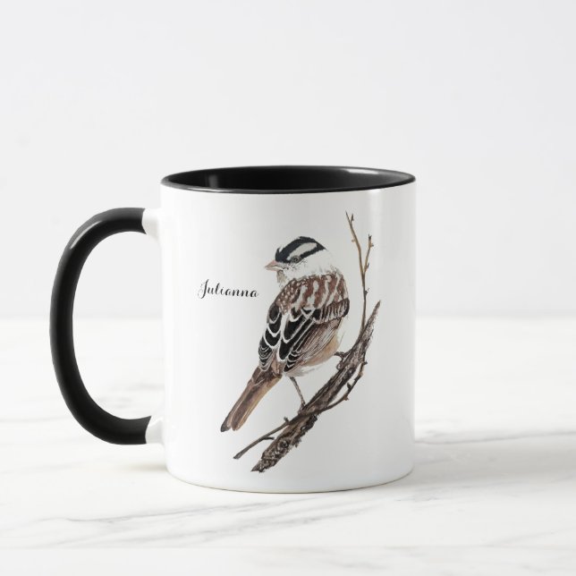 Caneca Pássaro Pardal Coroado Branco em Aquarela Original (Esquerda)