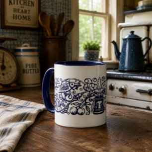 Caneca Pássaros Antigos em Árvores Frutíferas e Floridas