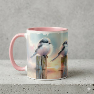 Caneca Pássaros Aquarela Pastel Poste de Cerca Pôr do Sol