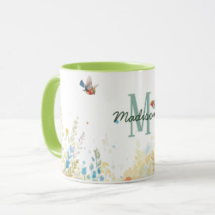Caneca Pássaros Aquarela Primavera Monograma Floral Flor