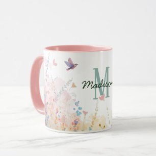 Caneca Pássaros Aquarela Primavera Monograma Floral Flor 