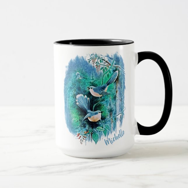 Caneca Pássaros Azuis Invernos Pintura Com Nome (Direita)