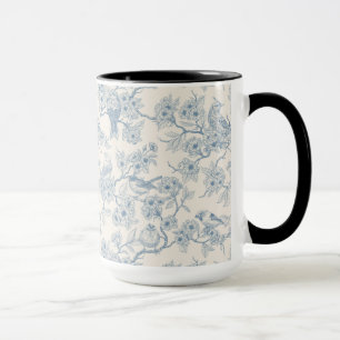 Caneca Pássaros e flor de cerejeira em azul e branco esma