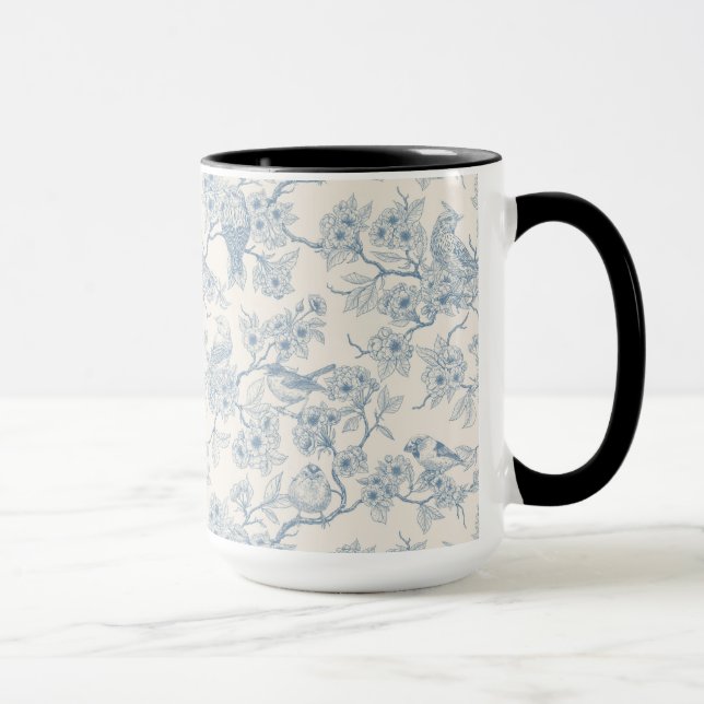 Caneca Pássaros e flor de cerejeira em azul e branco esma (Direita)