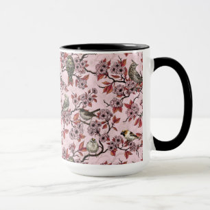 Caneca Pássaros e flor de cerejeira em rosa cor-de-rosa