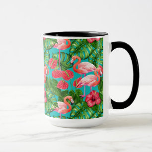 Caneca Pássaros Flamingo e aquarela de jardim tropical