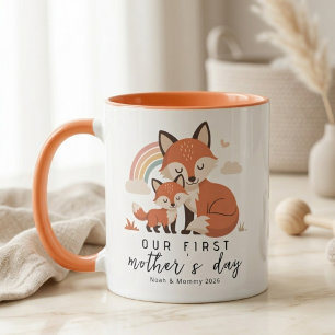Caneca Pastel Fox Mãe Bebê Primeiro Dia das Mães Arco-íri