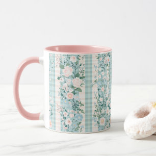 Caneca Pastel Pink Blue Watercolor Florals Gingham