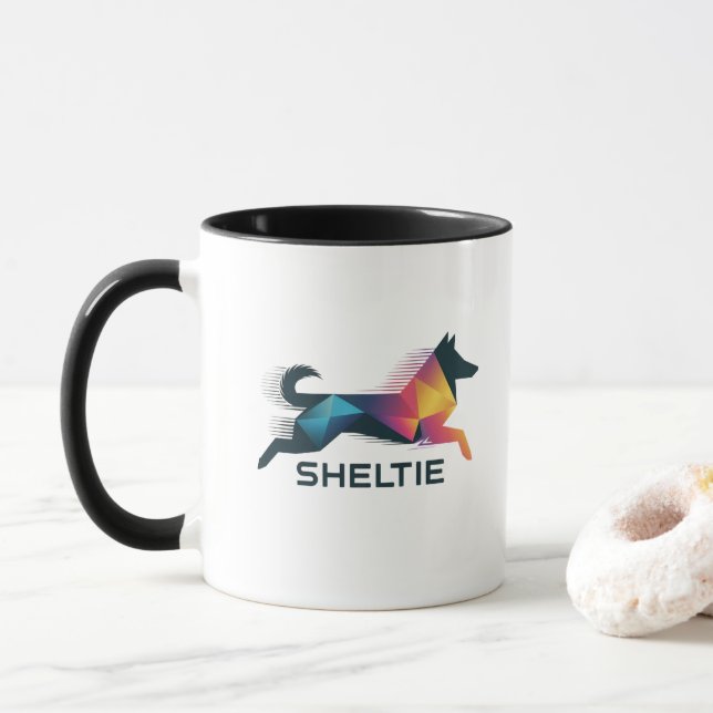 Caneca Pastor de Shetland poligonal en amarillo y azul (Com Donut)