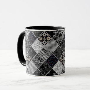 Caneca Patchwork monochrom preto cinza branca patchwork q