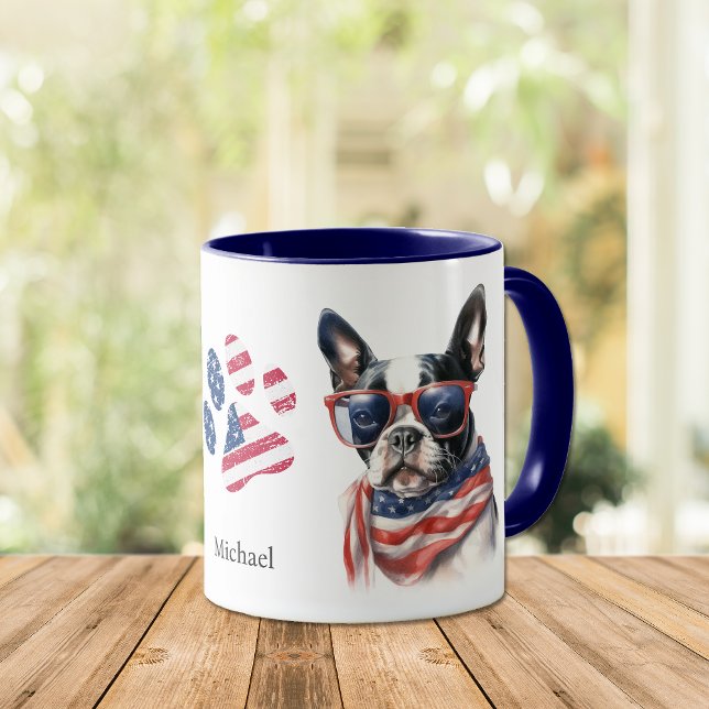 Caneca Patriótico EUA Flag Boston Terrier Dog (Criador carregado)