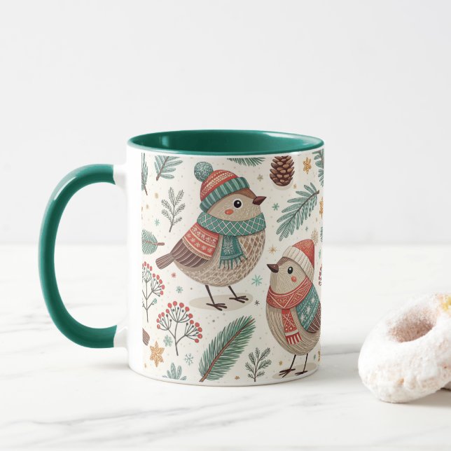 Caneca Pattern Scandinavian Christmas Birds (Com Donut)