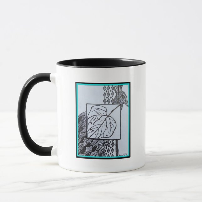 Caneca Pavão & Folha Preto & Branco Tinta Borda Turquesa (Esquerda)