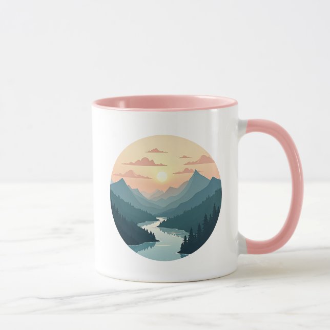 Caneca Paysage montagneux aux aurores. (Direita)