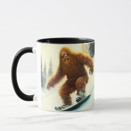 Caneca Pé Grande Sasquatch Sorridente Esquiando na Neve