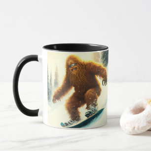 Caneca Pé Grande Sasquatch Sorridente Esquiando na Neve