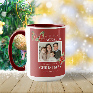 Caneca Peace Joy Red Poinsettia Family Photo Christmas