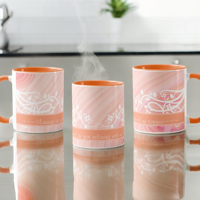 Caneca Peach Pastel Spirals Retro Floral Art Personalizad (mug left, middle and right views of handle)