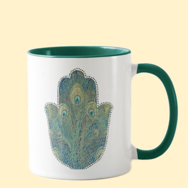 Caneca Peacock Feather Hamsa (Criador carregado)