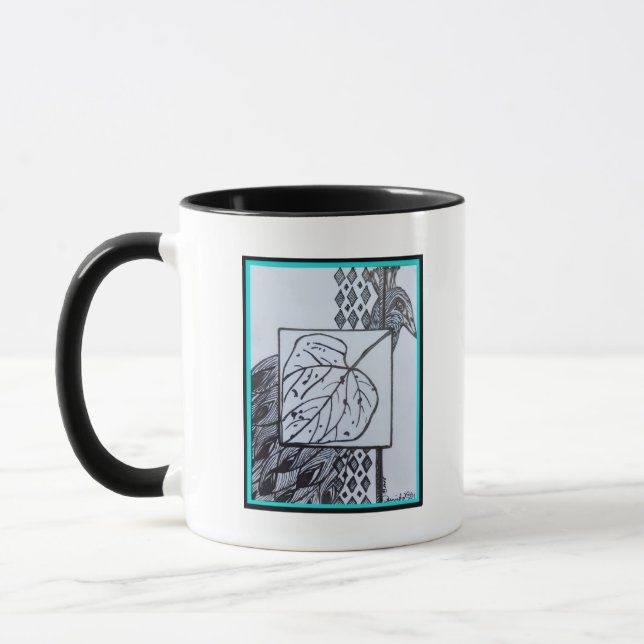 Caneca Peacock & Leaf Blk & Whit Ink Turquoise Border. (Esquerda)