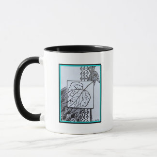 Caneca Peacock & Leaf Blk & Whit Ink Turquoise Border Mug