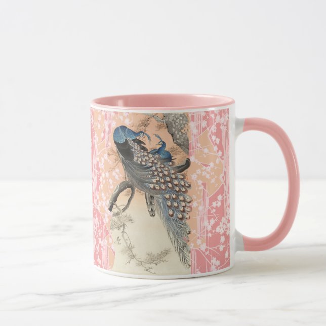 Caneca PEACOCKS, PINK BRANCO SAKURA FLORES Japoneses Fora (Direita)