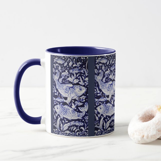 Caneca Peixe-caril, Azulejo, preto e branco (Com Donut)