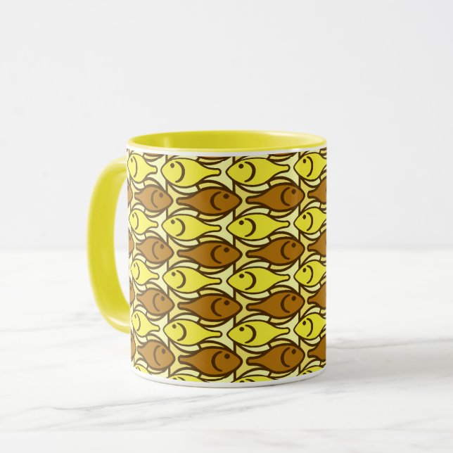 Caneca Peixe Moderno de Meados do Século, marrom e amarel (Frente Esquerda)